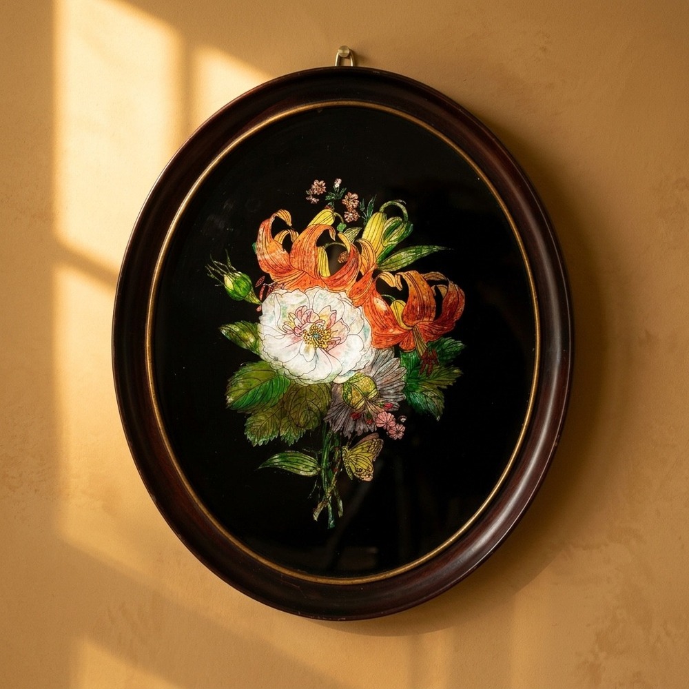 Vintage Reverse Glass Artwork in Oval Frame, Floral Bouquet, Black Background